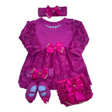 Vestido Luxo Rn A 6 Meses Renda Baby Kit 5 Pç Menina Inverno