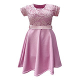 Vestido Mãe E Filha Manga Curta Rodado Renda E Faixa Pérolas