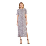 Vestido Malha Viscose Estampado Com Fenda - Estampa Oncinha