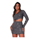 Vestido Manga Única Paetê Prata Detalhe Lateral Moda Luxo