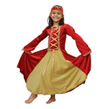 Vestido Medieval Infantil Dourado E Vermelho Luxuoso