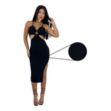 Vestido Midi Feminino De Argola Decotado Fenda Lateral Moda