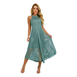 Vestido Midi Feminino Malha De Tricô Crochê Rendado Botões