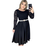 Vestido Midi Godê Manga Longa Moda Evangélica Civil Cinto