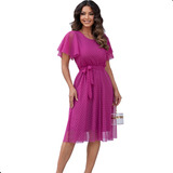 Vestido Mídi Godê Tule Bolinha Poá Moda Evangélica Feminina