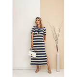Vestido Midi Listrado Bolso