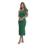 Vestido Midi Longo Justo Laço Ombro Na Ribana Canelada Luxo