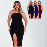 Vestido Midi Plus Size Fenda Acinturado Tomara Que Caia G3