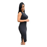 Vestido Midi Tubinho Canelado Regata Com Fenda Lateral