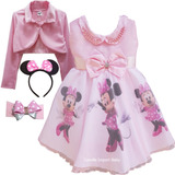 Vestido Minnie Minie Mini Rosa Festa Infantil Com Bolero 