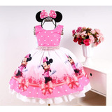 Vestido Minnie Rosa Festa Super Luxo Infantil Com Tiara Luxo