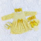 Vestido Para Bebê Manga Longa Renda Baby Kit 5 Pçs Luxo