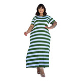 Vestido Plus Size Comprido Midi Listrado Tendência Elegante