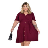 Vestido Plus Size Feminino Curto Com Decote V Detalhe Botões