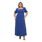 Vestido Plus Size Longo Feminino Manga Curta Decote Quadrado