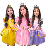 Vestido Princesas Fantasia Infantil Kit Coroa Varinha E Luva