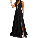 Vestido Renda Longo Decote Fundo Com Abertura Lateral Dj293