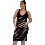 Vestido Saída De Praia Crochê Tricot Curta Moda Praia Alça