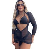 Vestido Saída De Praia Drapeado Transparente Verão Curto