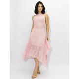 Vestido Tricô Renda Gola Alta Feminino Midi Forrado