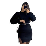 Vestido Tricot Midi Fio Mousse Com Fenda Manga Longa Inverno