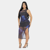 Vestido Tule Sem Manga Mid 2 Peças Com Vestido Forro Alça