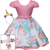 Vestido Unicórnio Rosa Cute Festa Infantil Com Luvas Tiara