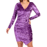 Vestido Veludo Justo Drapeado Manga Longa Decote V Dj304