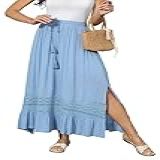 Viciall Saia Maxi Feminina De Verão Elástica Cintura Alta Boho Saia Longa Saia Longa Com Acabamento Em Renda Saia Longa, Azul, M