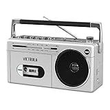 Victrola Mini Bluetooth Boombox VBB-25-SLV Com Leitor De Cassetes- Gravador E Rádio AM-FM- Prata