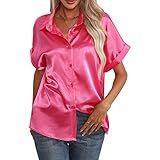 Vingvo Camisa Casual De Cetim, Blusa Feminina De Cetim De Seda De Cor Pura Com Botões De Peito único Para Escritório Para Senhora, Rosa Vermelha, M