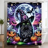 VISSTREE Cortina De Chuveiro De Halloween Para Banheiro- Castelo Assustador- Gato Preto- Cortinas De Chuveiro à Prova D-água Com 12 Ganchos- Decorações De Banheiro Fantasma Abóbora Para Decoração De