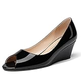 Wayderns Sapato Feminino De Salto Baixo Anabela De Couro Envernizado Peep Toe 5 Cm, Preto, 41
