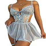 Wdirara Babydoll Feminino Bordado Floral Malha Dividida Lingerie Vestido Deslizante, Azul Claro, G