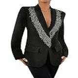 WDIRARA Blazer Feminino De Contraste Com Franjas De Lantejoulas Com Botão único Gola Xale Manga Longa Agasalhos De Festa Com Ombreiras Preto M