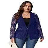 WDIRARA Blazer Feminino Plus Size Contrastante Renda Botão Frontal Lapela Gola Manga Longa Elegante Blazer Azul Marinho X Large Plus