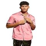 WDIRARA Camisa Masculina Gola Alta Botão Manga Curta Botão Frontal Blusa De Cetim  Liso  Liso  Rosa  M