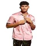 Wdirara Camisa Masculina Gola Alta Botão Manga Curta Botão Frontal Blusa De Cetim, Rosa, Gg