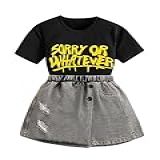 WDIRARA Conjunto De 2 Peças Com Estampa De Letras E Shorts Com Saia Jeans Rasgada Preto Cinza 10Y
