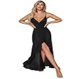 WDIRARA Vestido De Noite Feminino Com Decote Em V Bainha Com Babados E Fenda Transparente Preto G