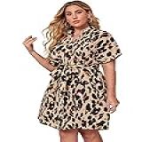 WDIRARA Vestido Feminino Plus Size Com Cinto E Manga Curta Com Estampa De Leopardo E Gola Entalhada Multicolorido Large Plus