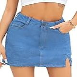 We1fit Saia Jeans Feminina De Cintura Alta Com Fenda Lateral, Short Jeans Com Fenda Lateral, Saia Elástica Com Bolso, Azul Médio, G
