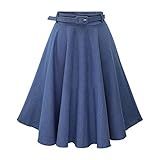WSLCN Saia Midi Jeans Feminina Evasê Casual Elegante Vintage Chique Cintura Alta Saia Plissada Longa Azul Com Cinto