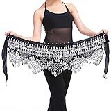 Wuchieal Cinto Feminino De Dança Do Ventre Colorido Corrente Cintura Dança Do Ventre Cinto Cachecol Quadril- Preto Com Moedas De Prata- Tamanho Único