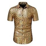 WULFUL Camisa Masculina De Discoteca Com Lantejoulas- Manga Curta- Abotoada- Camisa Social De Festa Dos Anos 70- Gold0150- XGG