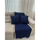 Xale Sofá Tricot Peseira Cama Queen Manta 2 Capas Almofada Cor Azul marinho Desenho Trança