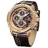 XEEXOS Relógio Masculino Esportivo Militar à Prova D água Analógico Quartzo Pulseira De Couro E Calendário Relógio De Pulso Ouro Rosa Café Marrom
