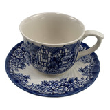 Xicara De Cha Porcelana Inglesa Antiga Azul E Branco