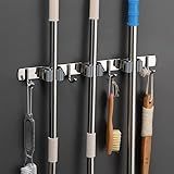 XMkindfy Porta Vassoura Rodo Suporte Com Encaixes E Ganchos Multiuso Aço Inox Reforçado Auto Adesivo Aparafusar 37 5cm 3 Posicoes E 4 Ganchos Glossy 