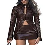 Xxxiticat Saia Feminina De Couro Sintético, Conjunto Com Zíper, Cardigã Vazado, Saia De Poliuretano, Cintura Baixa, Conjunto Combinando Com 2 Peças, Café, G
